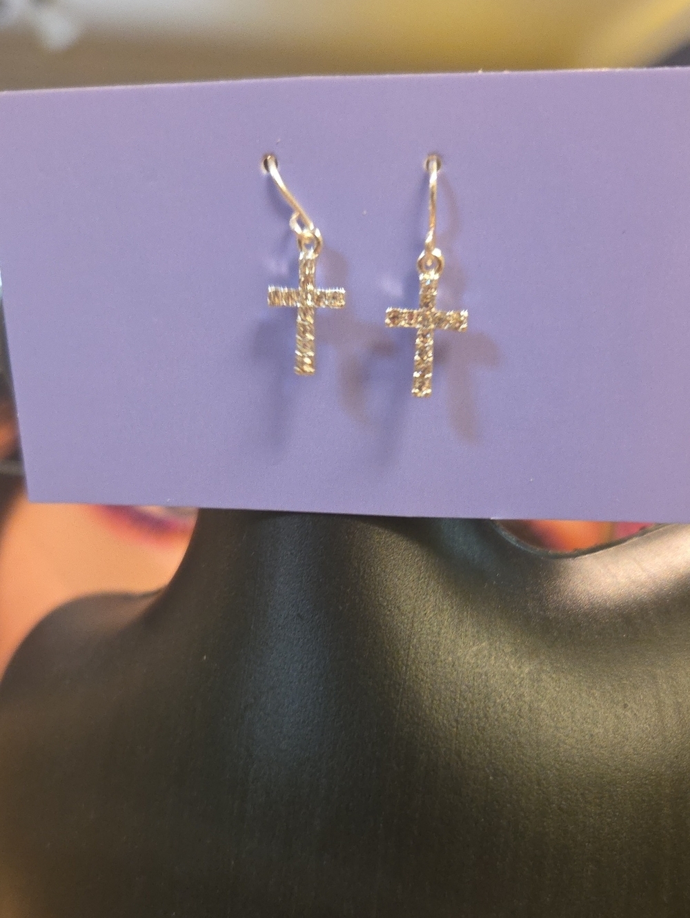 Gold Tone Rhinestone Cross Dangle Earrings Religious Fashion Jewelry [1414]